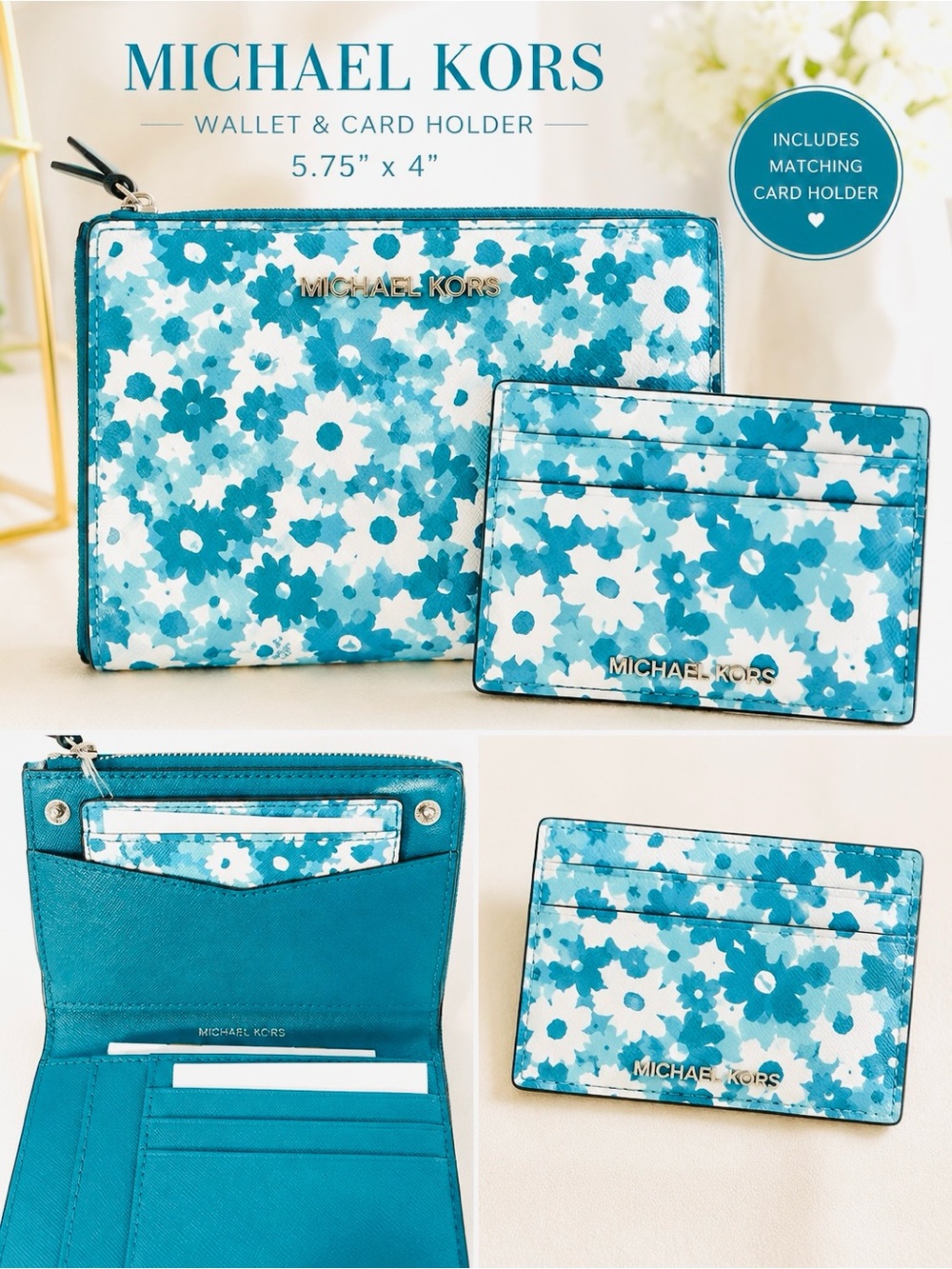 Michael Kors Floral Bifold Wallet with Matching Floral Card Holder - NWT